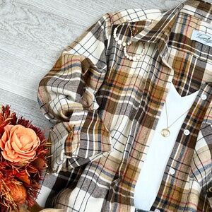 Oversized Long Sleeve Button up Plaid Fall Flannel - Caramel